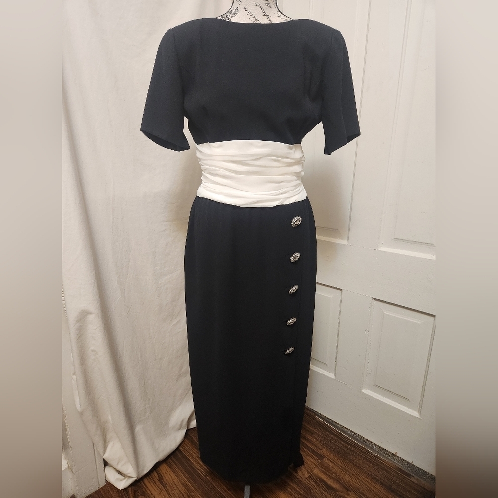 VTG Morton Myles Black Ivory Column Cummerbund Dress Jeweled Buttons 10